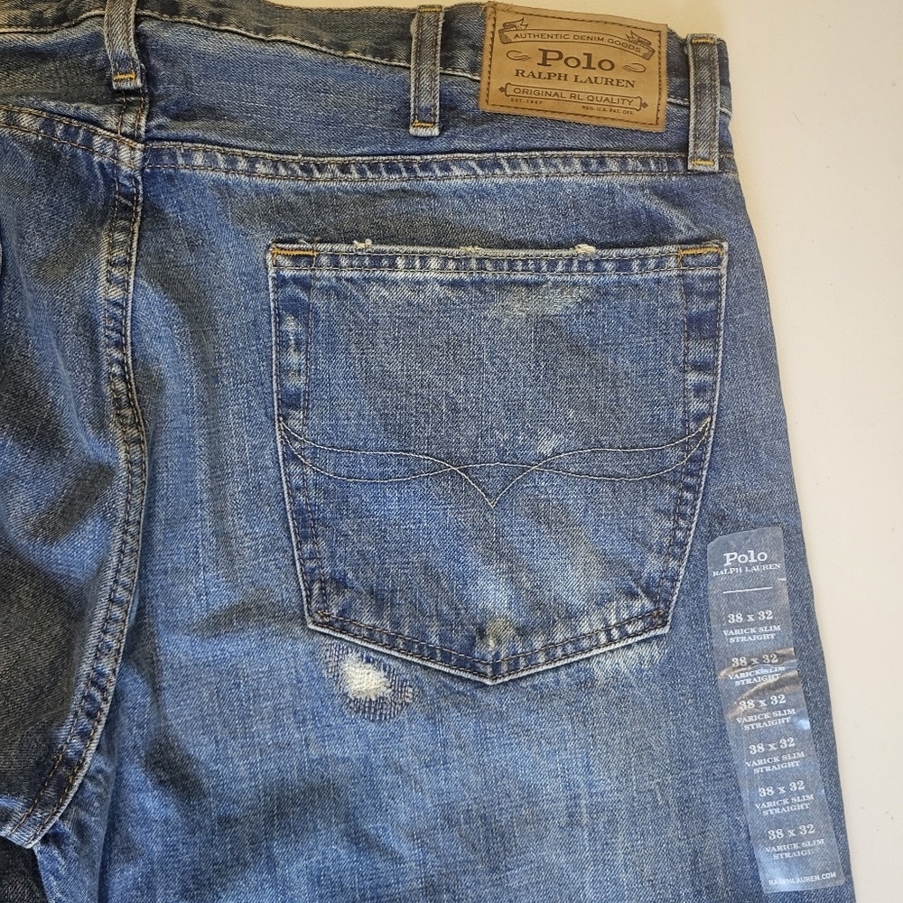 Polo Ralph Lauren Varick Slim Straight Mens Jeans 38x32 Medium Wash Distressed - Picture 8 of 14